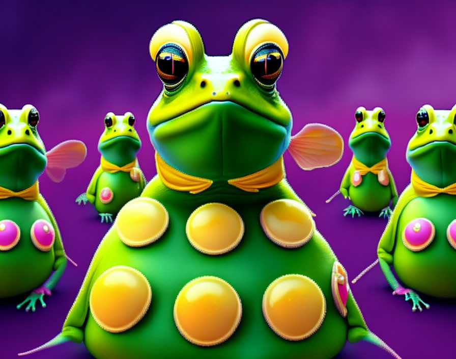 Whimsical green frogs with oversized eyes and yellow spots on vivid purple background