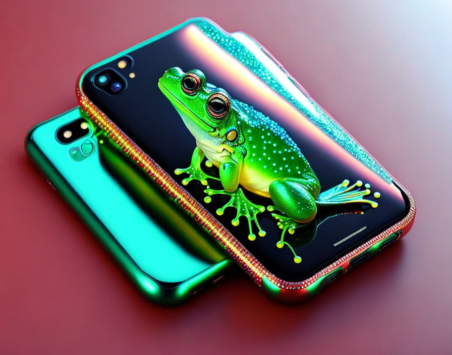 Colorful Neon Light Reflection on Smartphones with 3D Green Frog Illustration