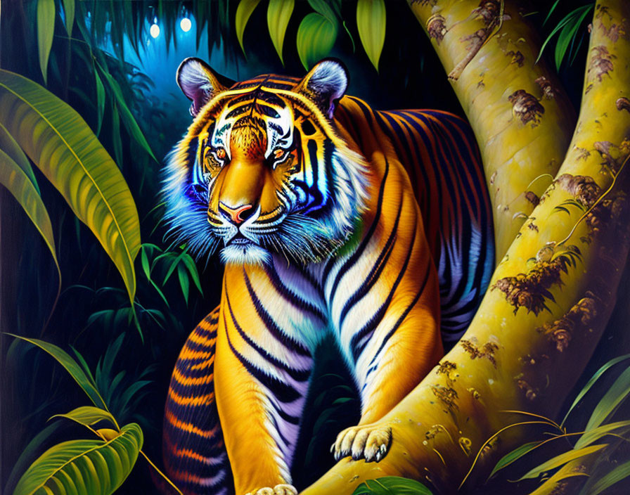 Vivid Tiger Painting in Lush Jungle with Piercing Eyes