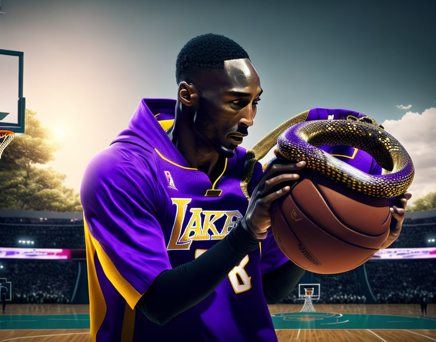 NBA basketball player in Lakers jersey with snake-themed ball on court