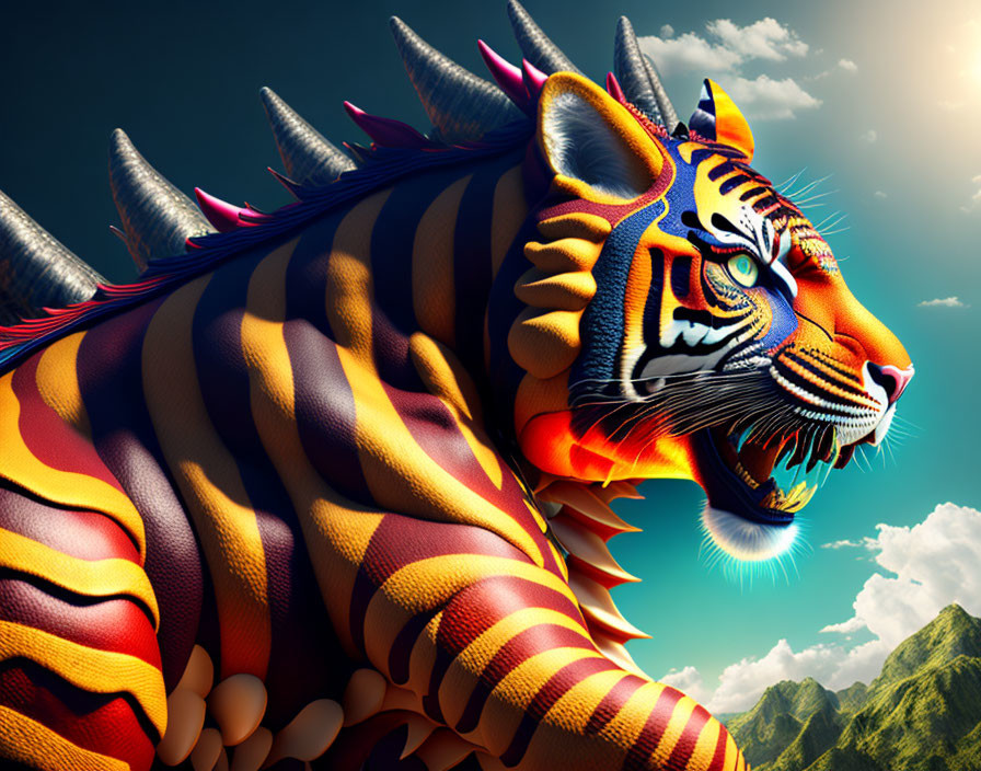 Colorful digital artwork: Tiger with spiked ridges against blue skies