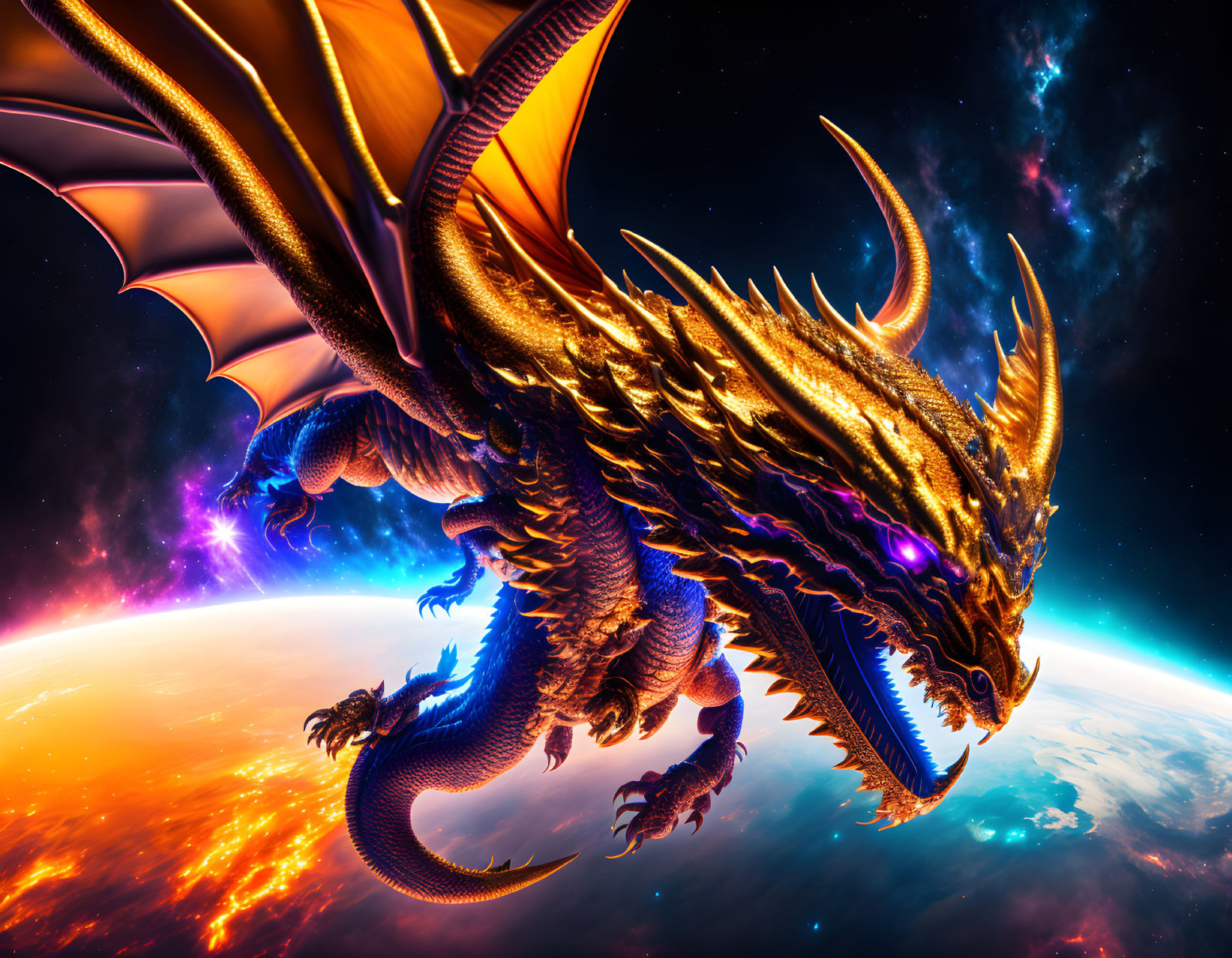 Golden dragon flying near Earth with vibrant space backdrop