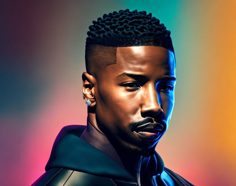 Stylish man in black leather jacket against colorful background