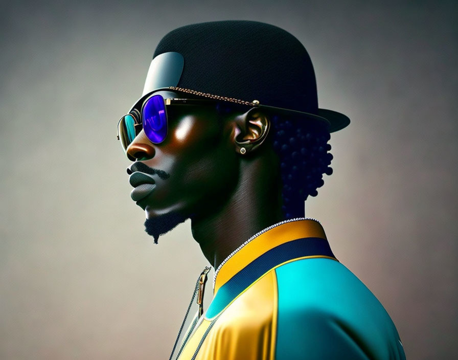 Digital artwork: Dark-skinned man in black hat, blue sunglasses, gold chain, colorful shirt