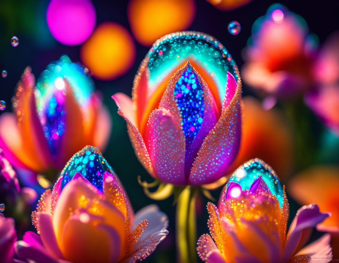 Colorful tulips with dewdrops on petals and bokeh background