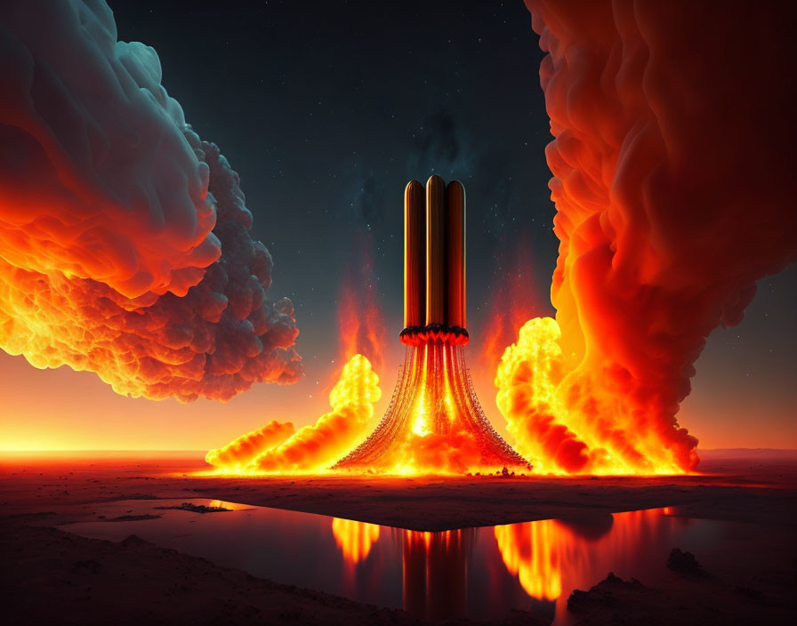 Colossal Rocket Launch Artwork with Fiery Exhausts