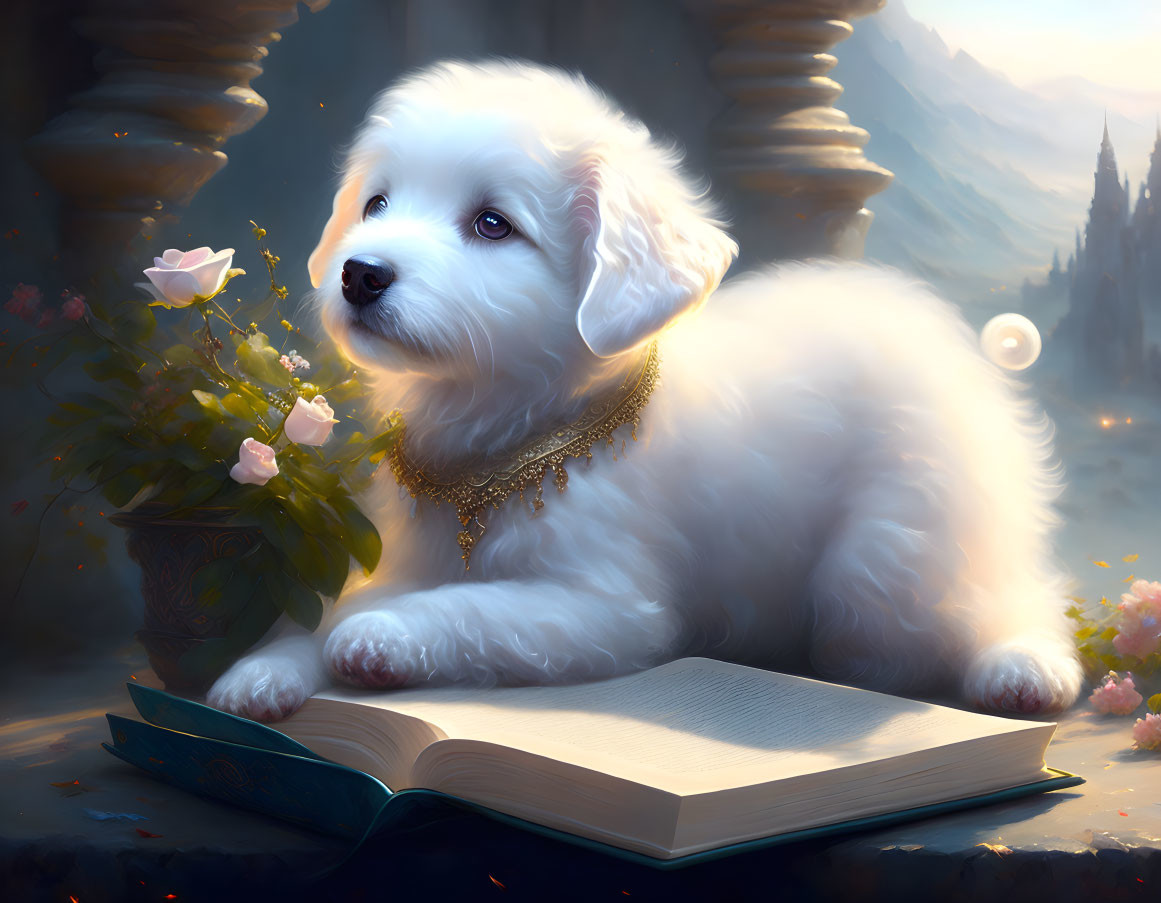 Fluffy white puppy with golden necklace resting beside open book