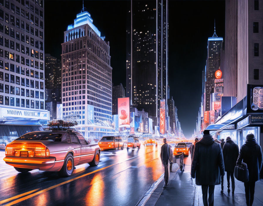 Vibrant neon-lit city street with pedestrians and cars at night