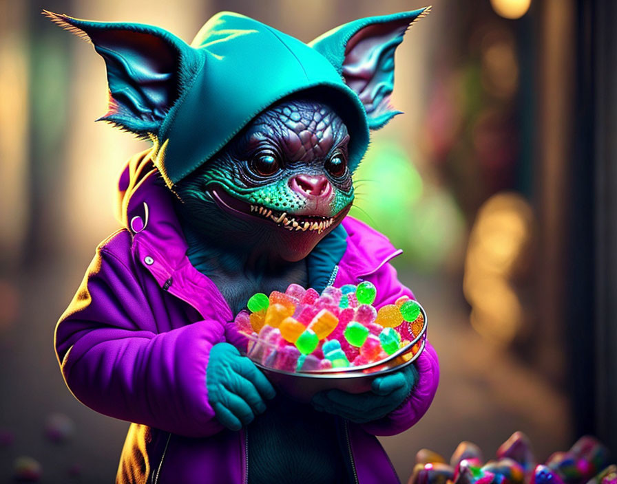 Colorful gummy candies held by creature in green hood and purple jacket