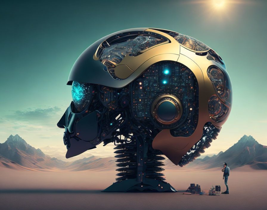 Gigantic mechanical skull in desert with person and crates