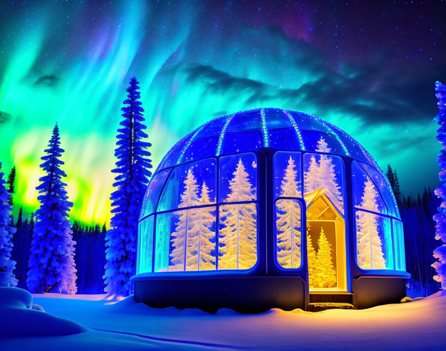 Glass Dome Cabin in Snowy Forest with Aurora Borealis