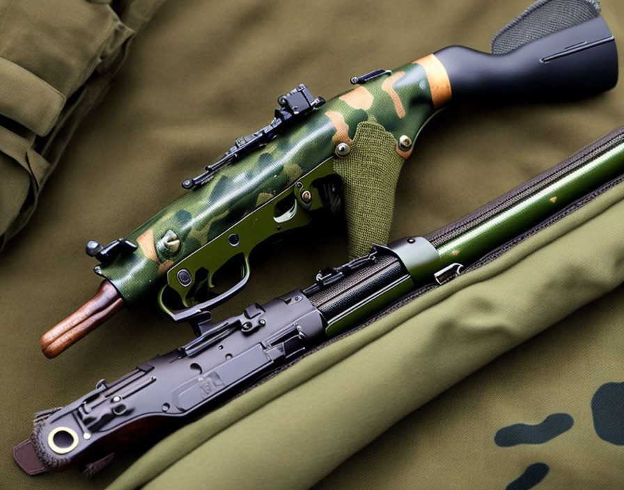 Camouflaged Bolt-Action Rifle with Scope on Green Fabric beside Disassembled Black Rifle on Cam