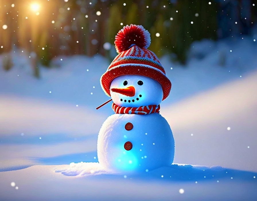 Cheerful snowman with red hat and scarf in snowy night