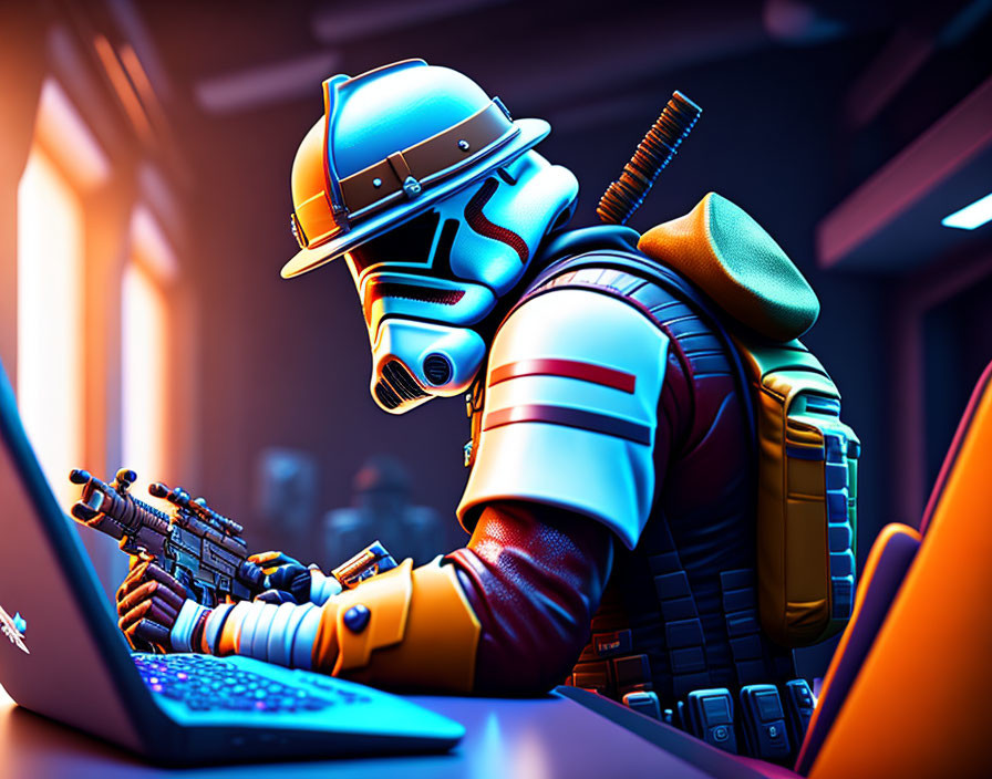 Futuristic soldier in armor typing on laptop with rifles in orange-lit setting