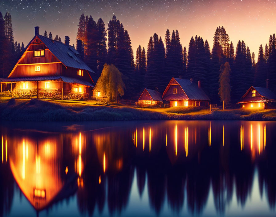 Twilight scene: Houses by lake, starry sky, forest reflections