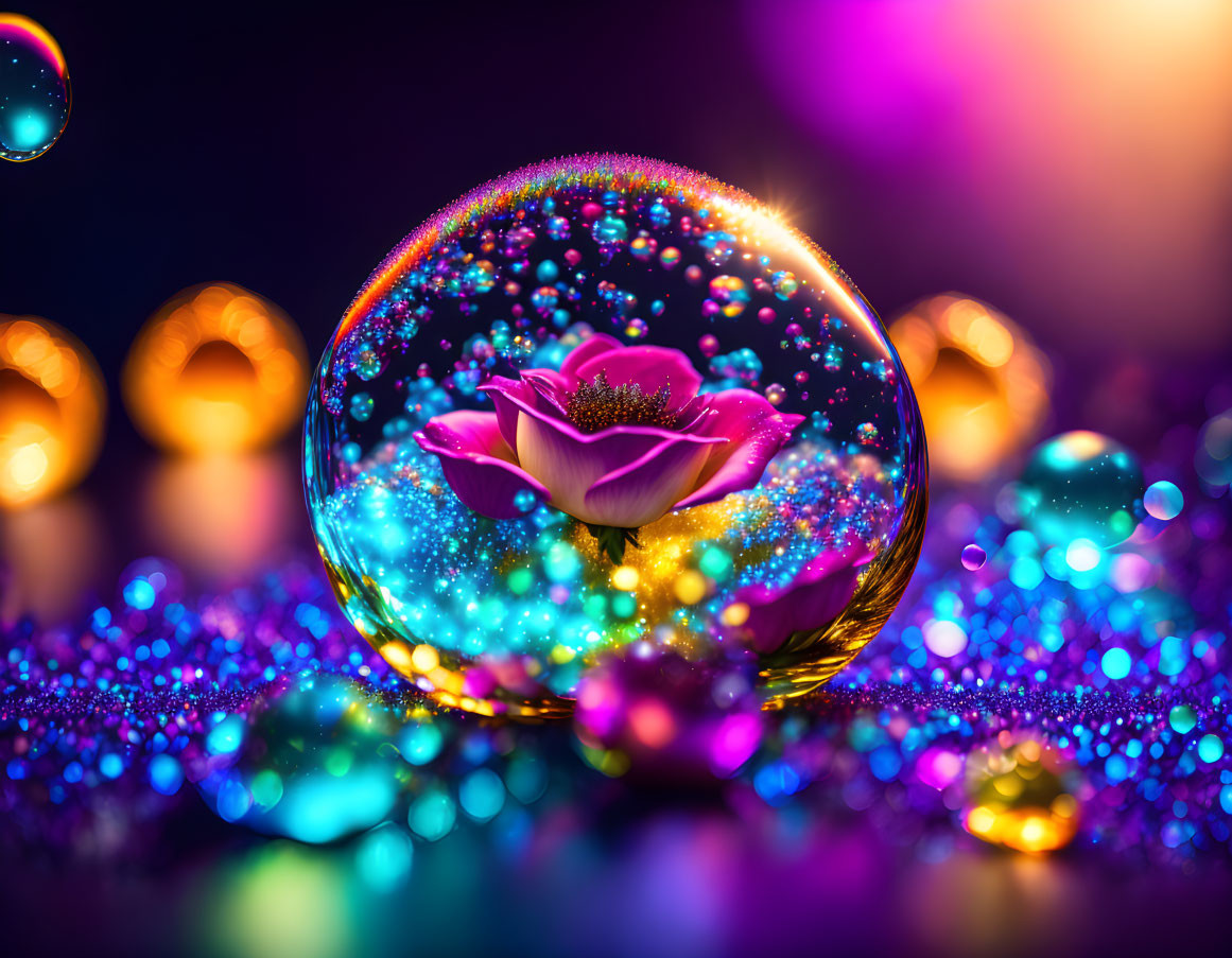 Pink flower in translucent bubble surrounded by glitter and lights