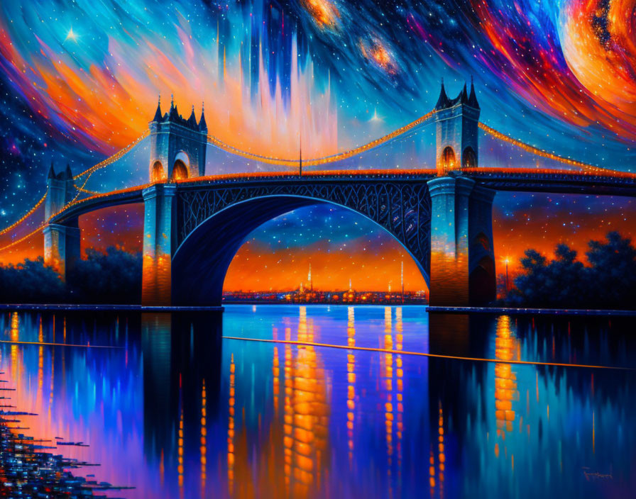 Colorful Stylized Night Bridge Painting with Cosmic Sky Reflection