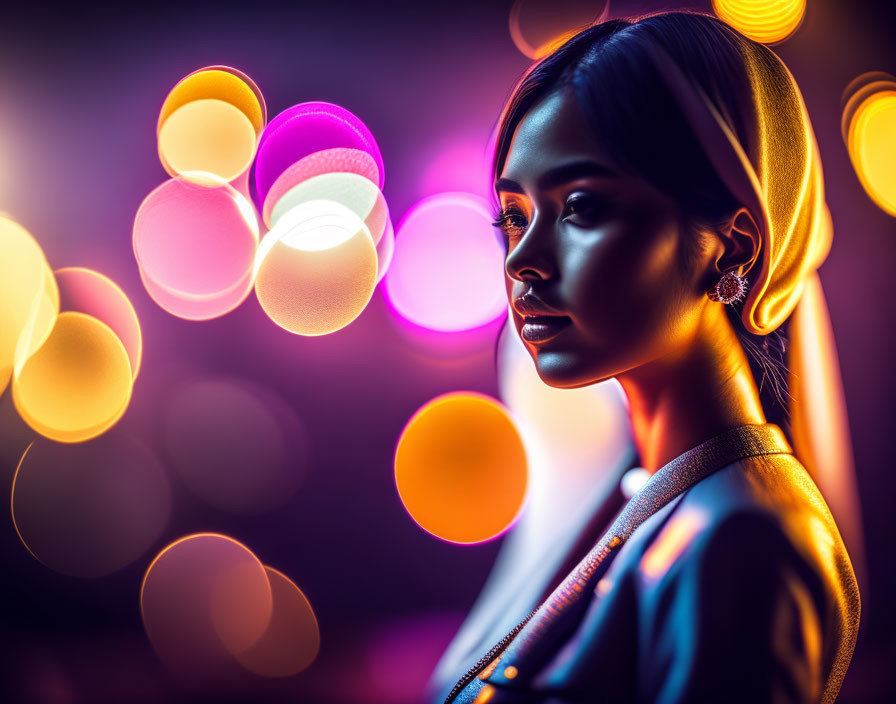 Profile view of woman with colorful bokeh lights background