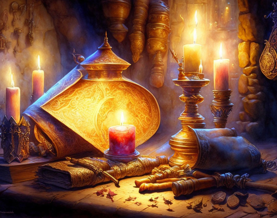 Mystical still life with candle, genie lamp, scrolls, and books