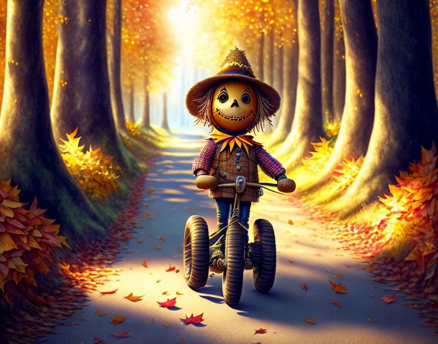 Scarecrow on tricycle in autumn scenery