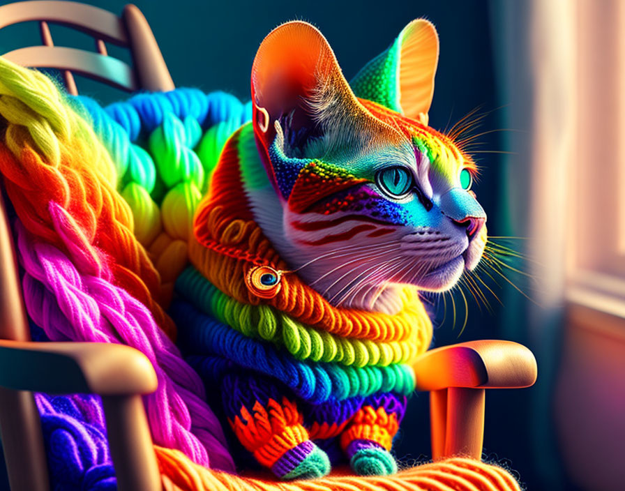 Colorful Cat in Crocheted Sweater with Yarn Skeins