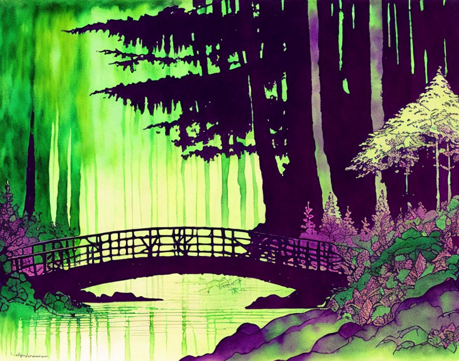 Vibrant green and purple forest scene with bridge over river