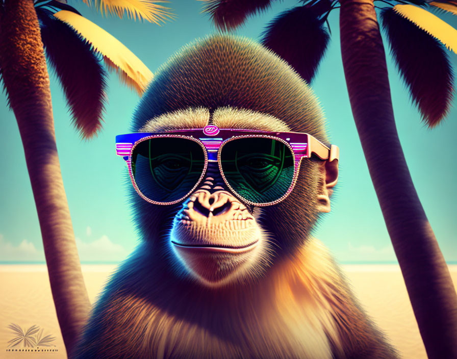 Colorful Sunglasses-Wearing Monkey Relaxing Under Palm Trees