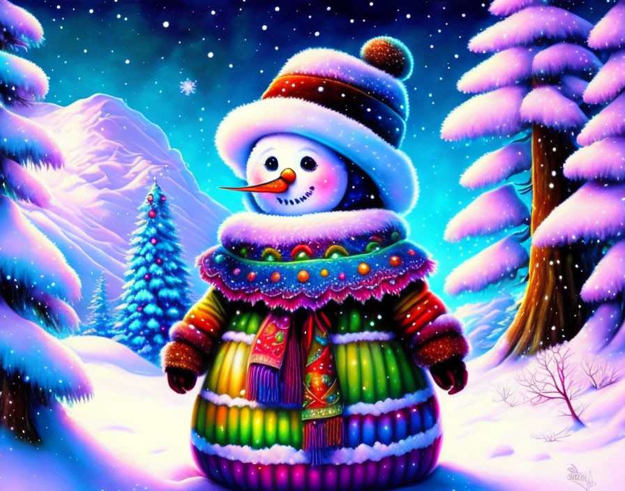 Colorful Snowman with Carrot Nose in Snowy Christmas Scene