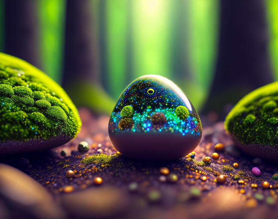 Colorful cosmic egg in forest setting with mossy stones and ethereal light.