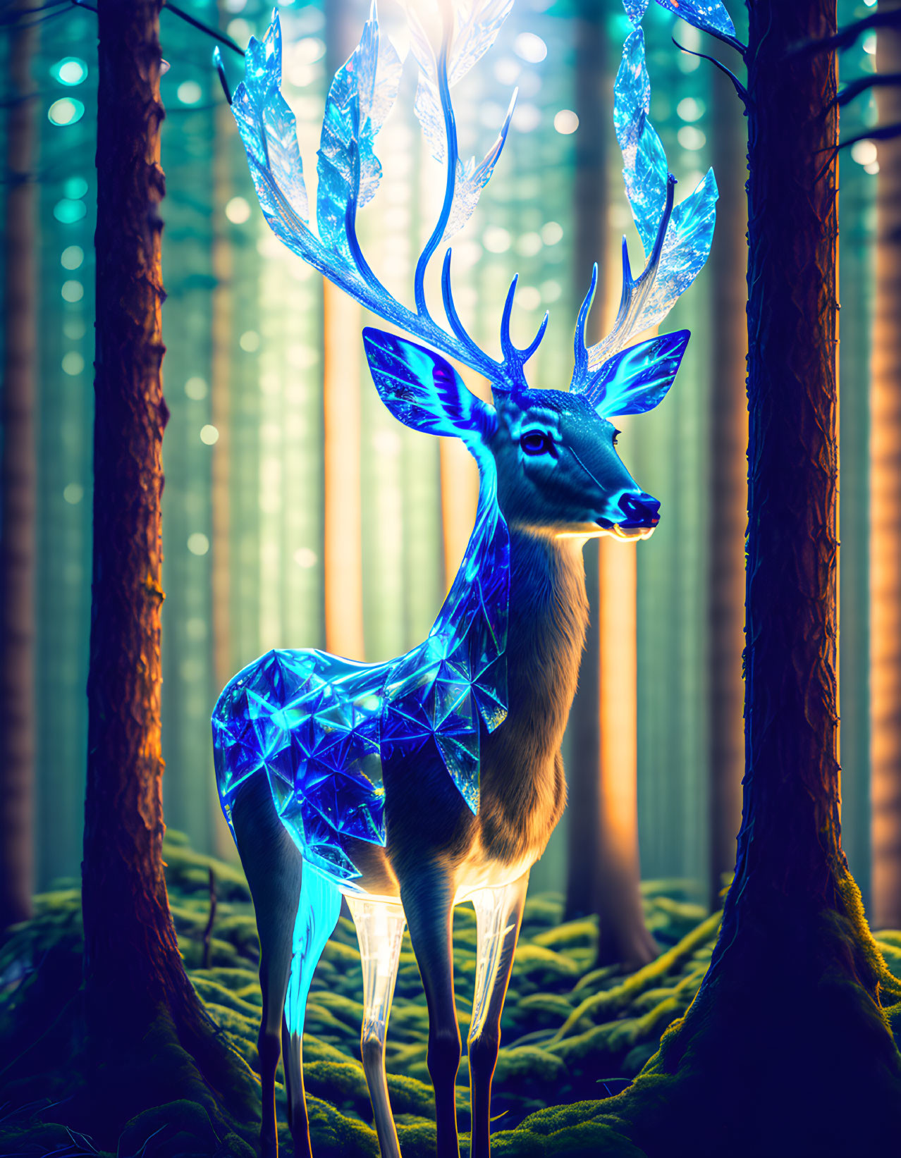 Luminous deer with glowing antlers in mystical forest