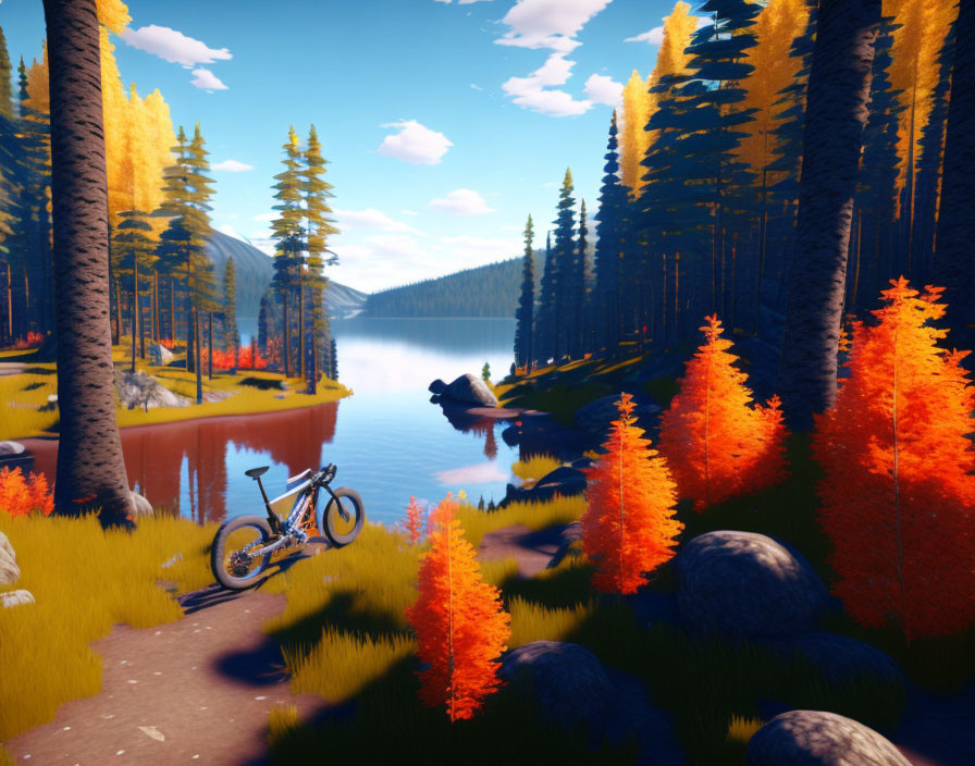 Colorful autumn scene: bicycle by serene lake, orange and yellow trees, blue sky