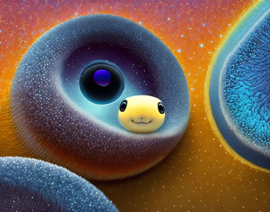 Colorful Cartoonish Snake-Like Creature with Large Eye on Starry Background