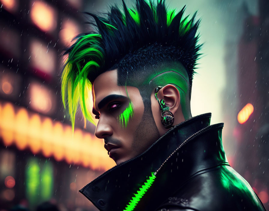 Punk hairstyle with black and neon green spikes in city backdrop