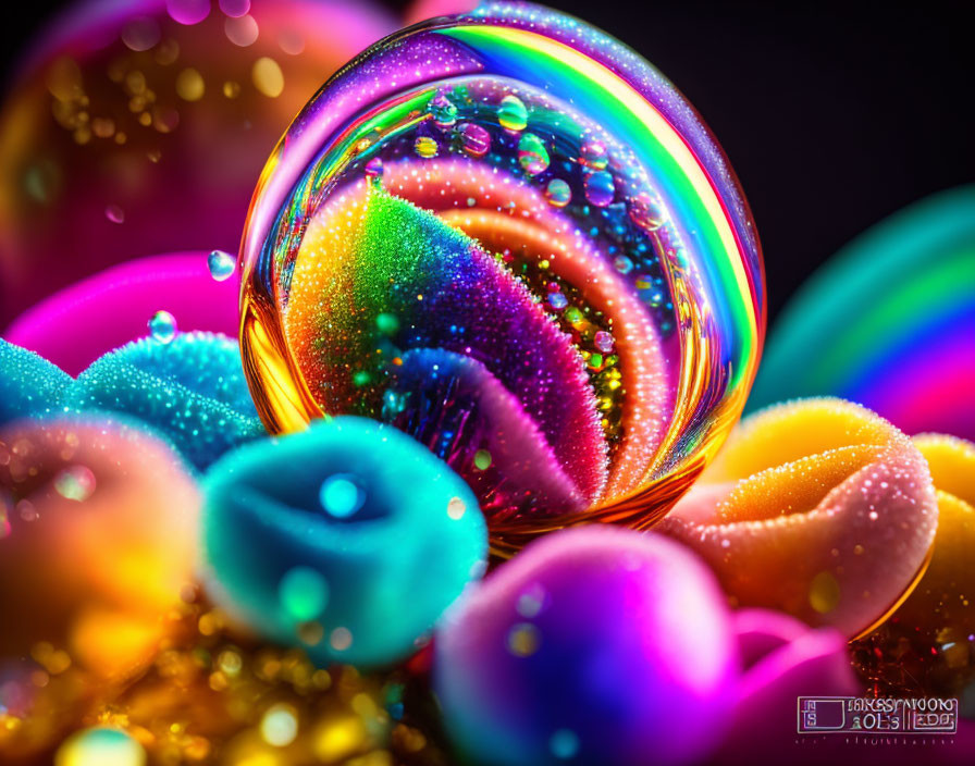 Colorful soap bubble with beads and water droplets in vibrant close-up.