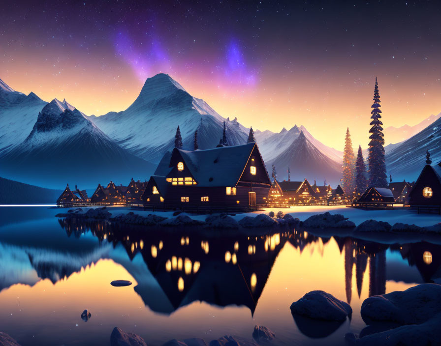 Snow-covered village and mountains under starry sky by calm lake