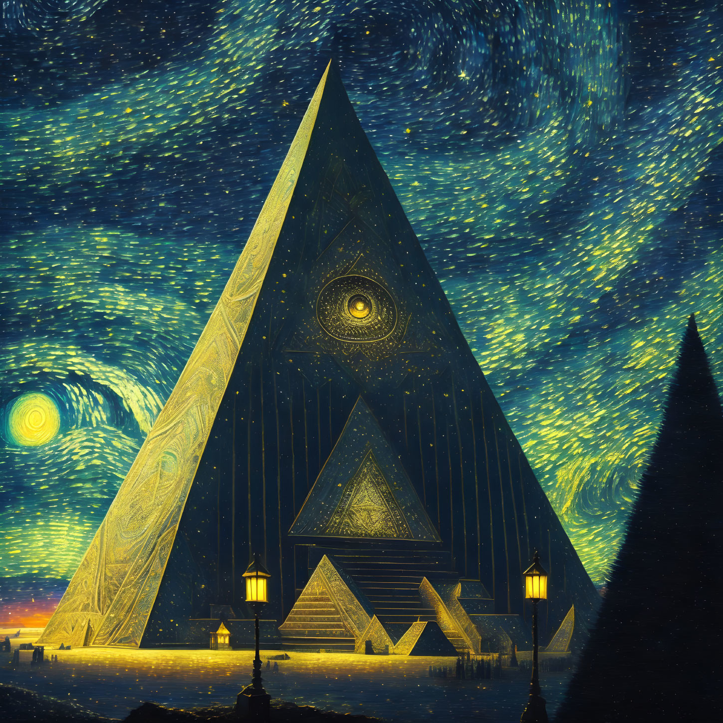 Intricate design triangular monolithic structure under starry night sky