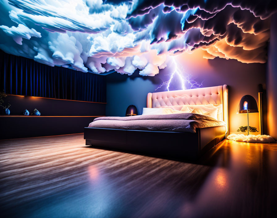 Luxurious Bedroom with Large Bed and Dramatic Thunderstorm Ceiling