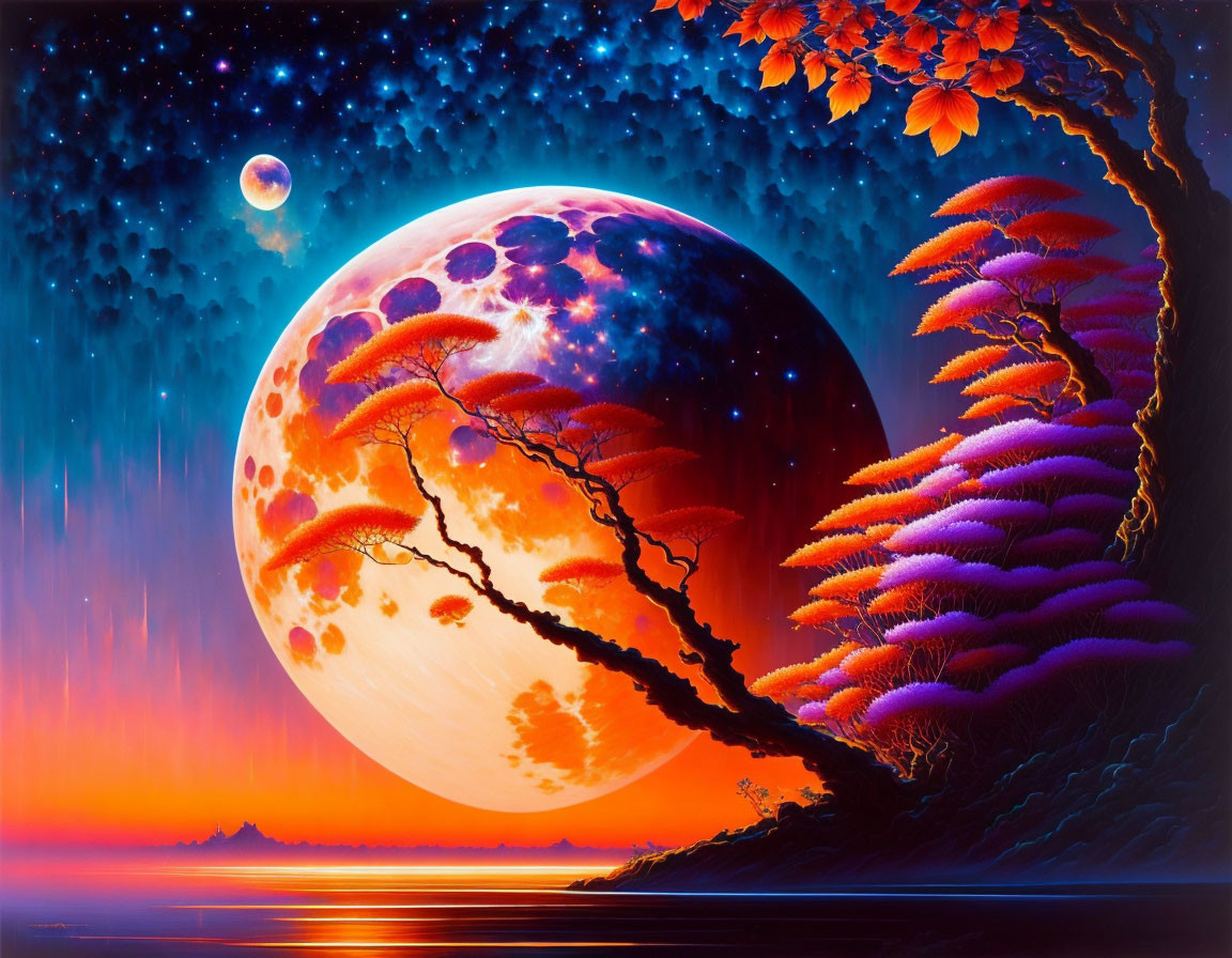 Detailed Fantasy Landscape with Large Moon & Colorful Sky