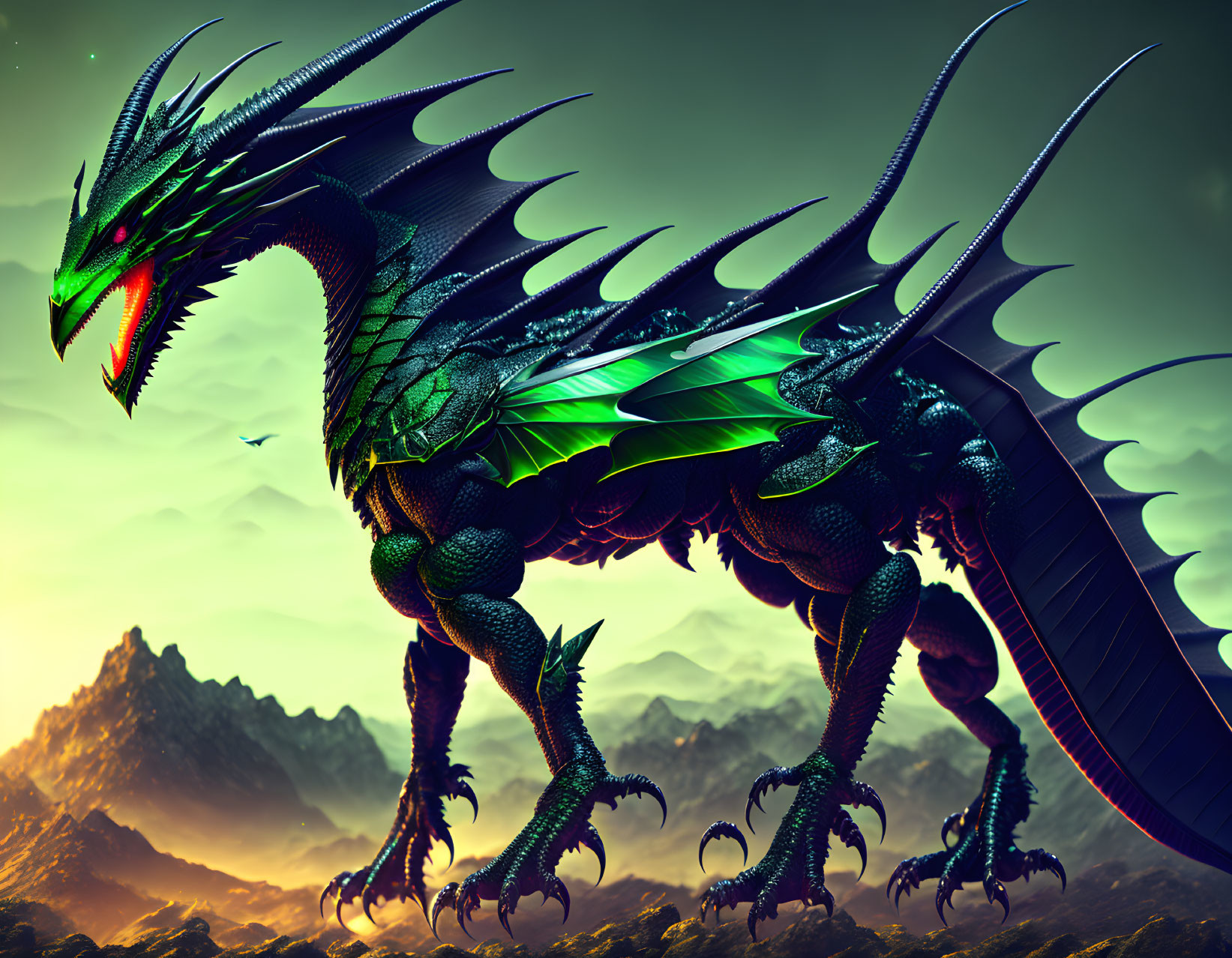 Majestic green dragon with luminous wings in misty mountain landscape