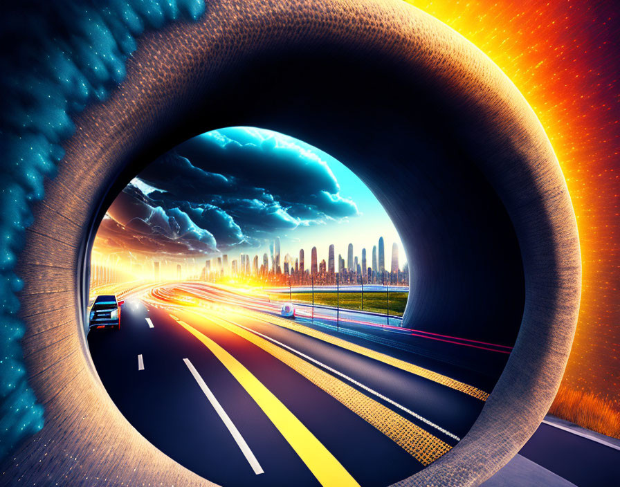 Futuristic tunnel with cars driving towards radiant cityscape under stormy sky