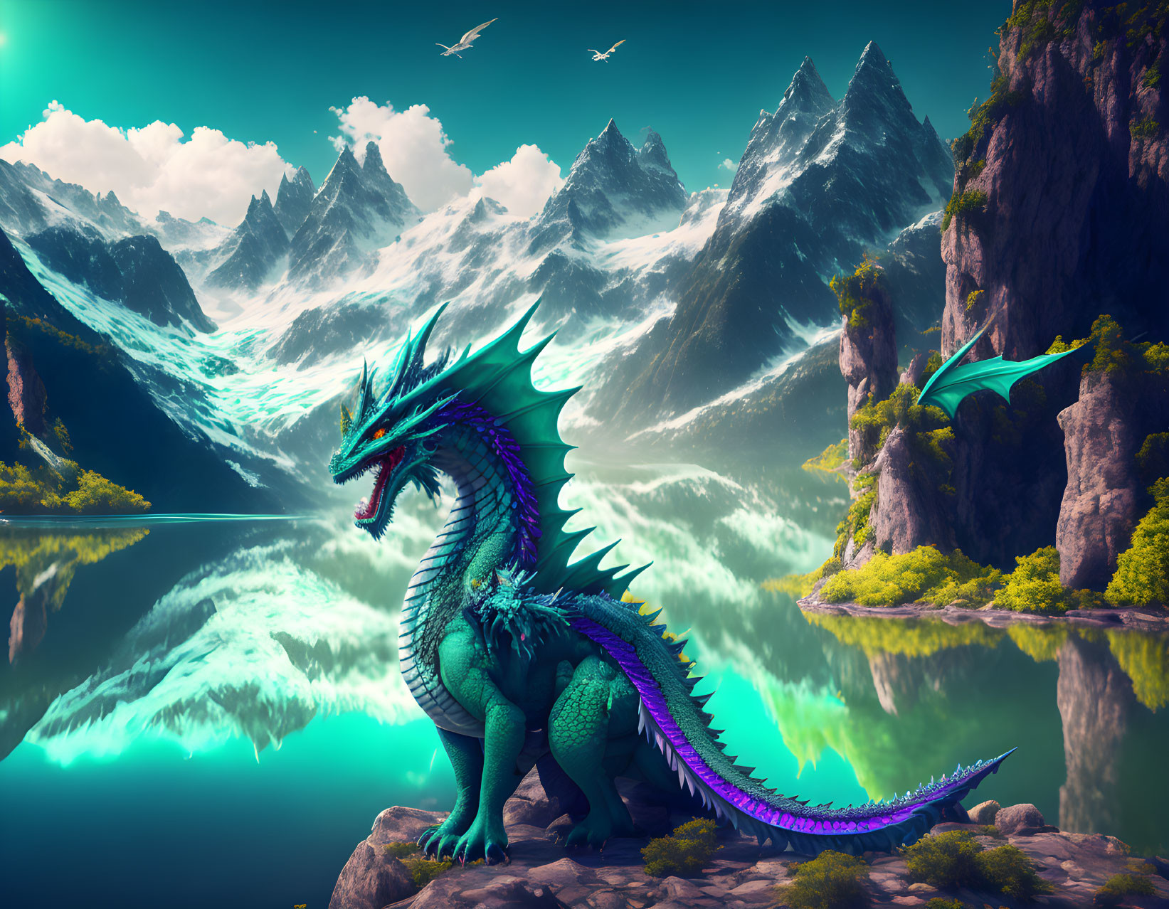 Blue dragon by tranquil lake with mountains and birds