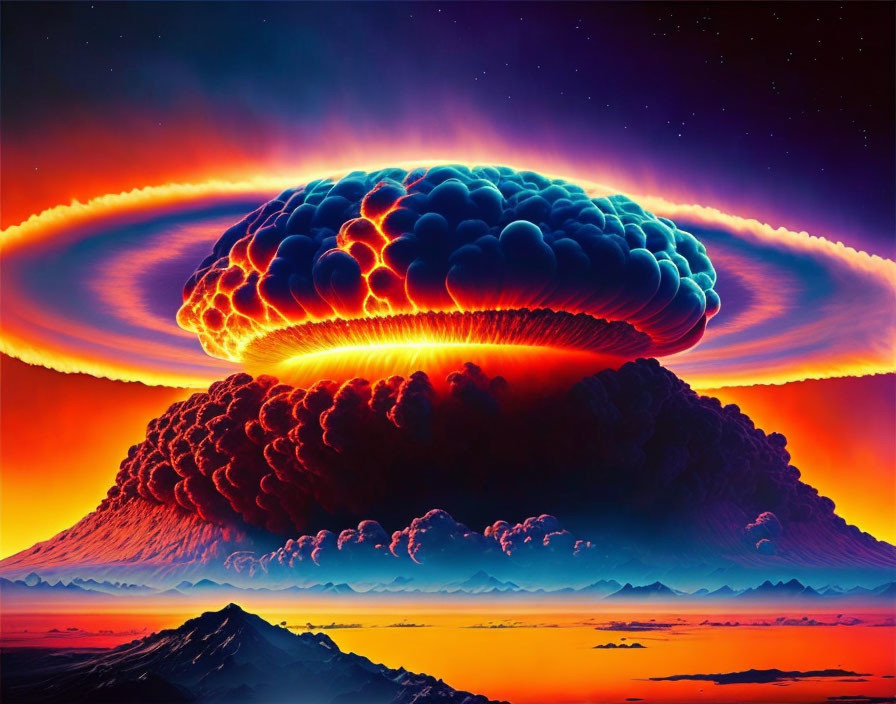 Colorful digital artwork: Mushroom cloud explosion over mountain landscape