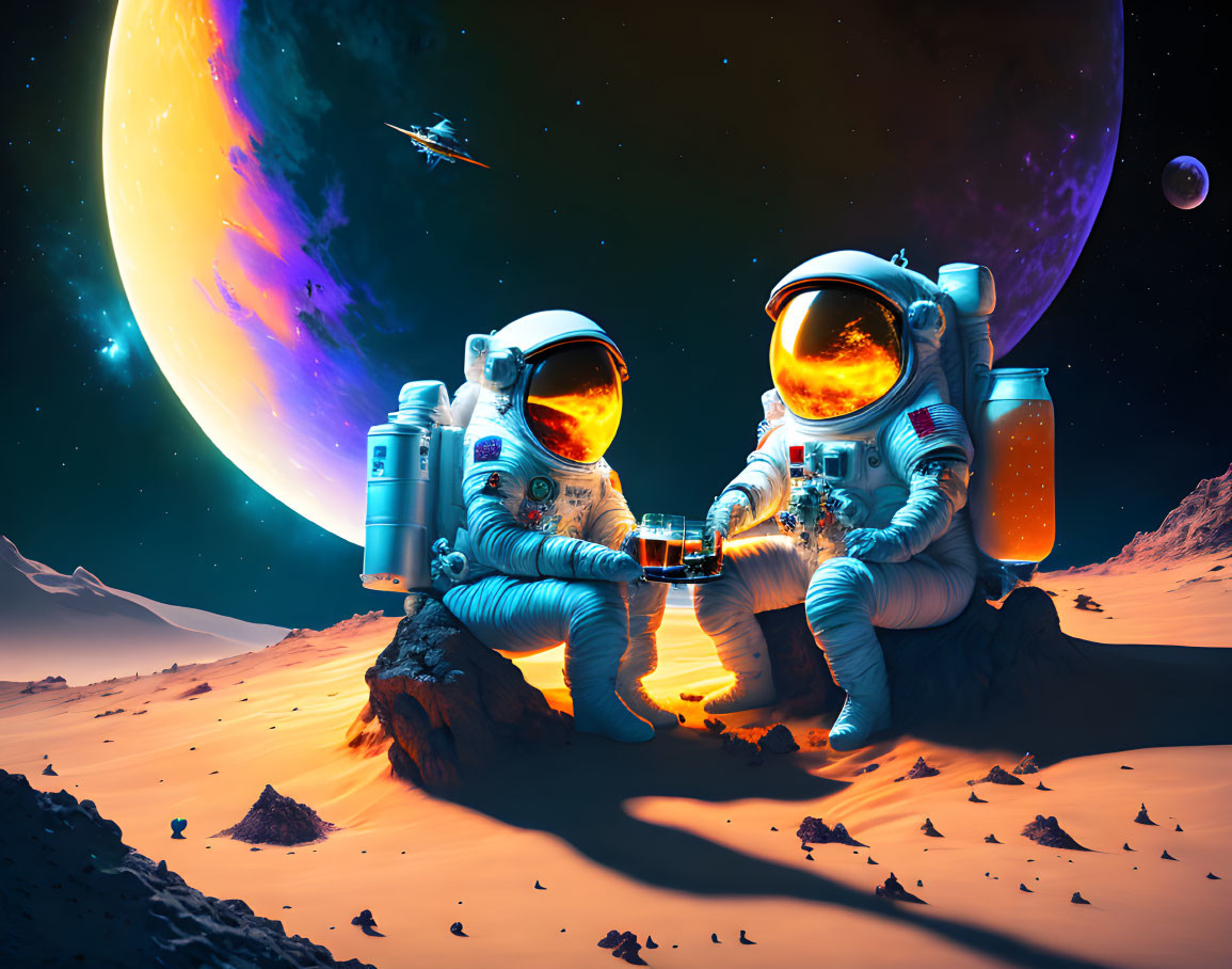 Astronauts clinking glasses on alien planet with moon, planet, and spaceship.