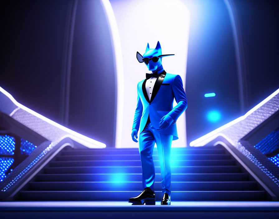 Stylized figure in blue suit and hat with glowing edges on neon-lit stairs