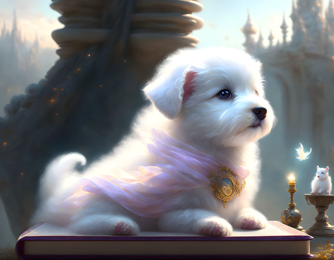 Fluffy white puppy with purple scarf and golden medallion on book with white kitten and ornate