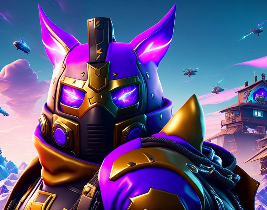 Character in futuristic armor with glowing purple eyes and bunny ears against colorful sky