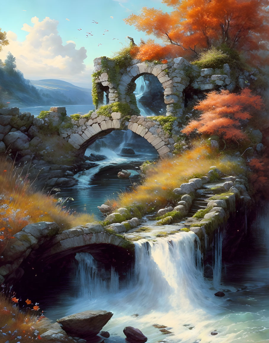 Ancient Stone Bridge Over Waterfall in Autumn Landscape