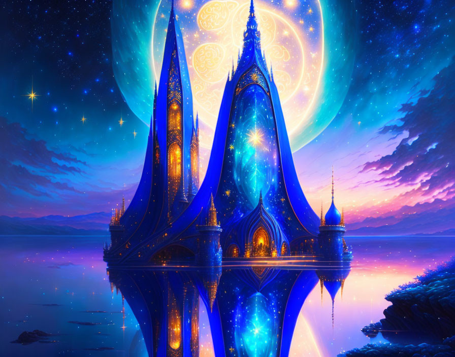 Enchanting castle with spires reflected in serene water under starry sky