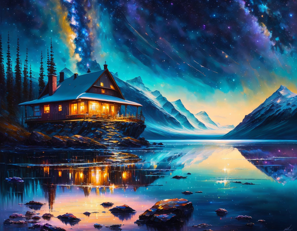 Scenic cabin by tranquil lake under starry sky with auroras.