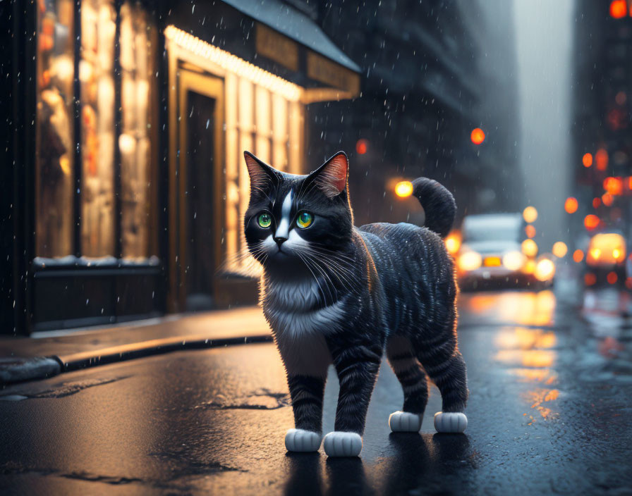 Green-eyed cat on wet city street at night with shop windows and traffic lights.